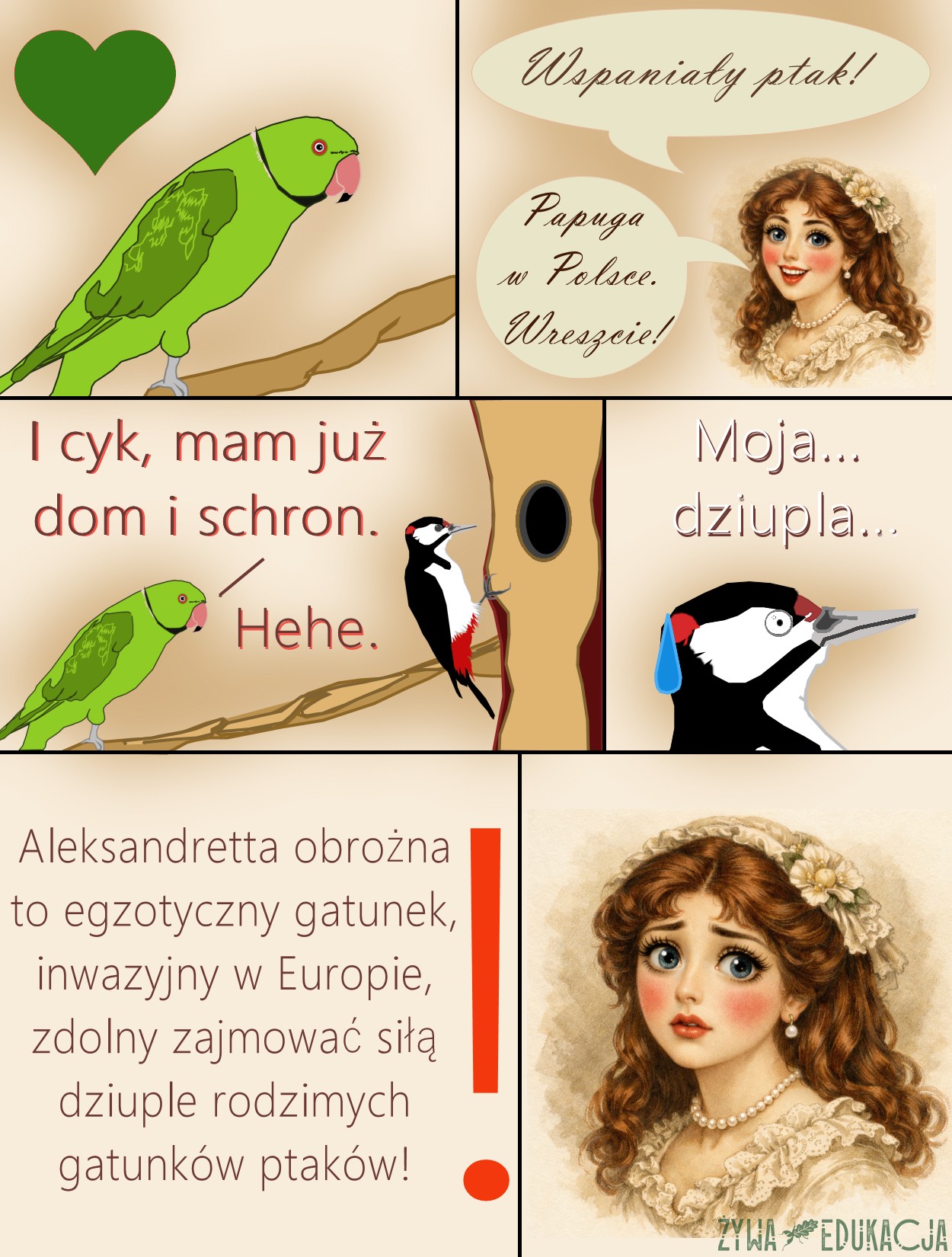 przygody Jadzi i inwazyjna w Europie i Polsce aleksandretta obrożna, papuga