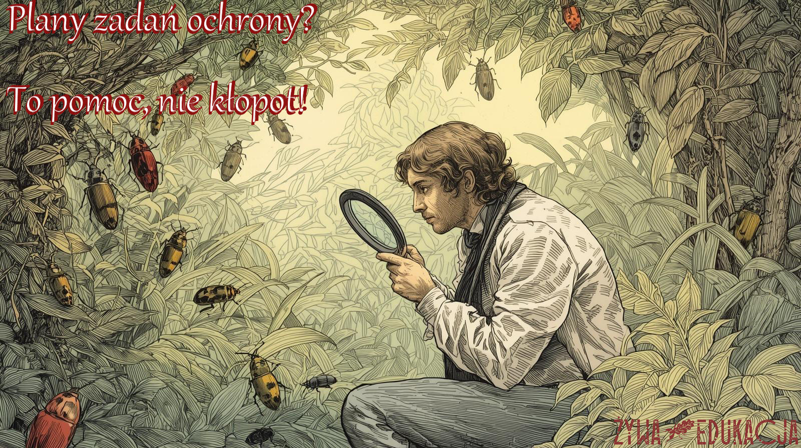 przyrodnik pochyla się nad chrząszczami; w tle sentencja: plany zadań ochrony? To pomoc, nie kłopot! Czym są plany zadań ochrony?