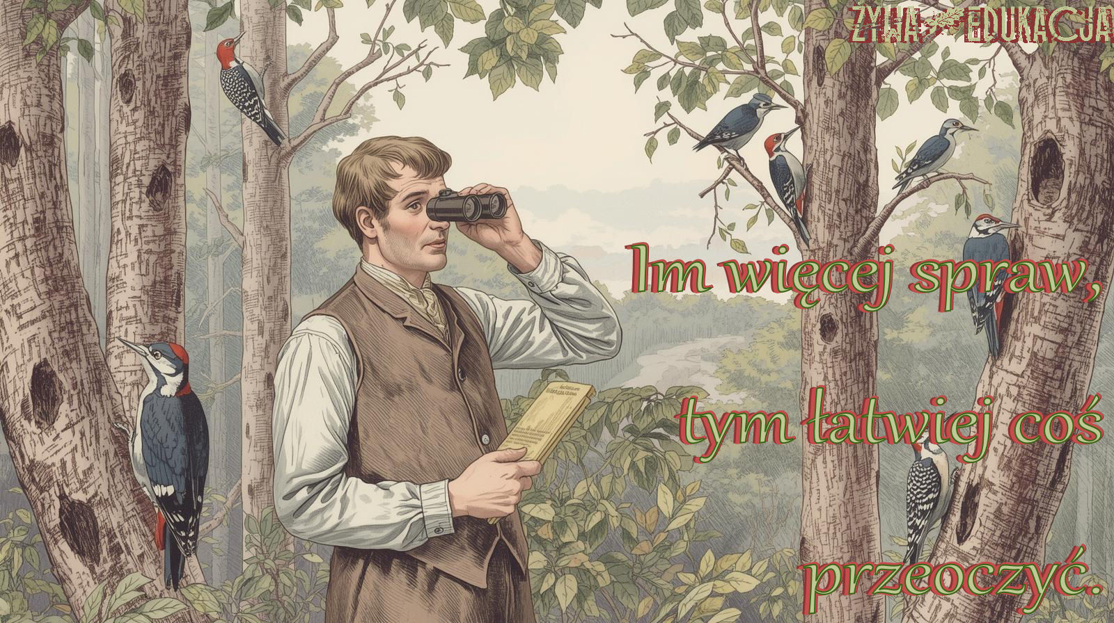 przyrodnik ogląda dzięcioły, prowadzi inwentaryzację przyrodniczą, uważa na problem pn. "wiele tematów to wiele problemów" lorn