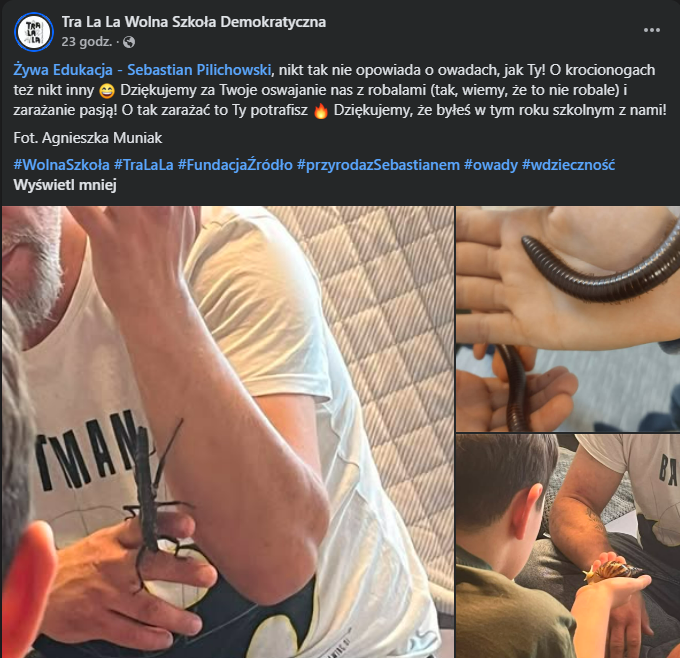 Żywa Edukacja owady nie robale w Wolnej Szkole Demokratycznej Tra La La w Zielonej Górze, Sebastian Pilichowski z owadami