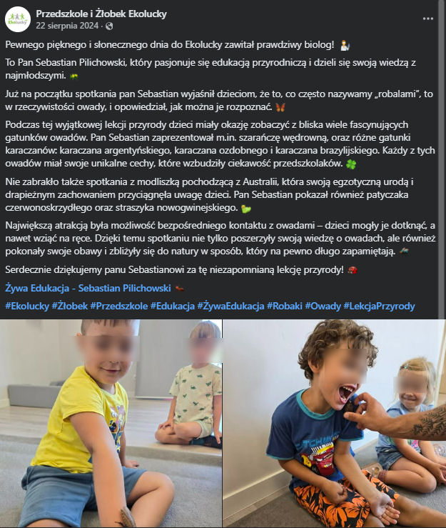 Żywa Edukacja Sebastian Pilichowski Miejski Druid - z owadami wśród dzieci na półkolonii w przedszkolu Ecolucky w Zielonej Górze, Nowy Kisielin.